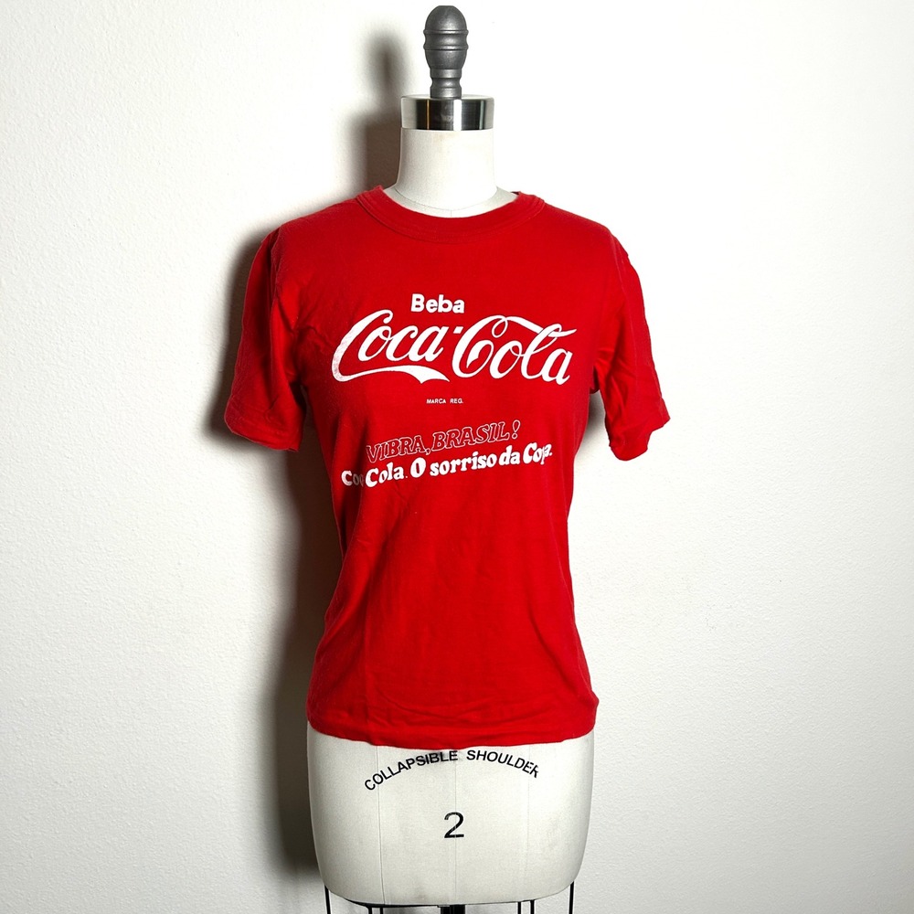 Malwee Red Cotton Vintage 1970s Brazilian Coca-Cola Graphic Tee Women Size 46 - Picture 2 of 8